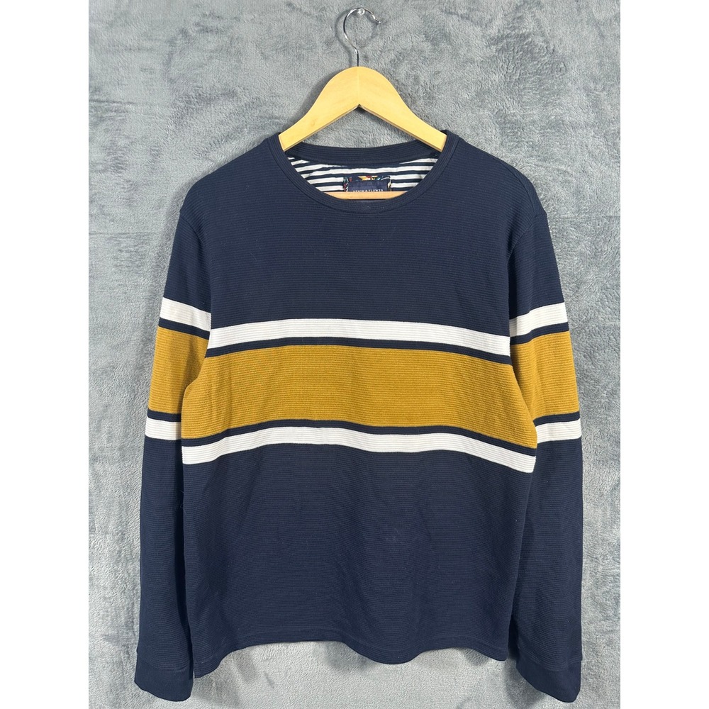 Denim & Flower Ricky Singh Mens XL Navy Blue Mustard Yellow Striped Ribbed Shirt